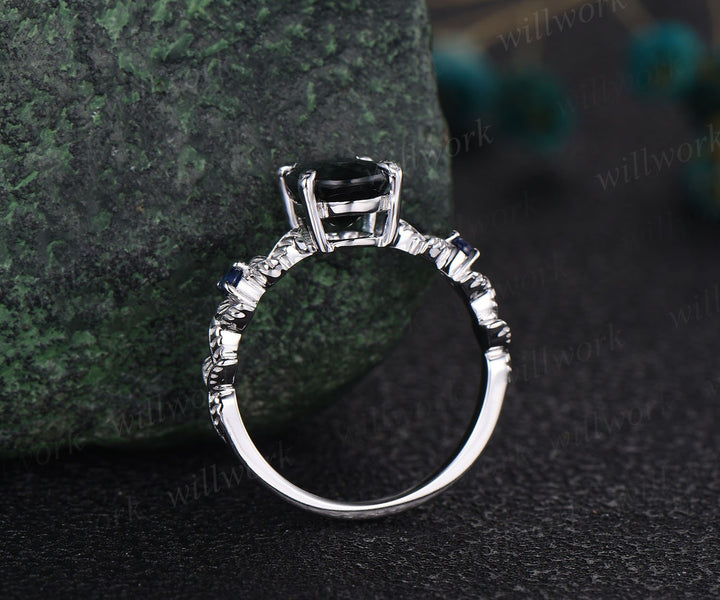 Oval cut blue goldstone ring vintage blue sandstone engagement ring white gold three stone Nature inspired leaf natural sapphire ring women