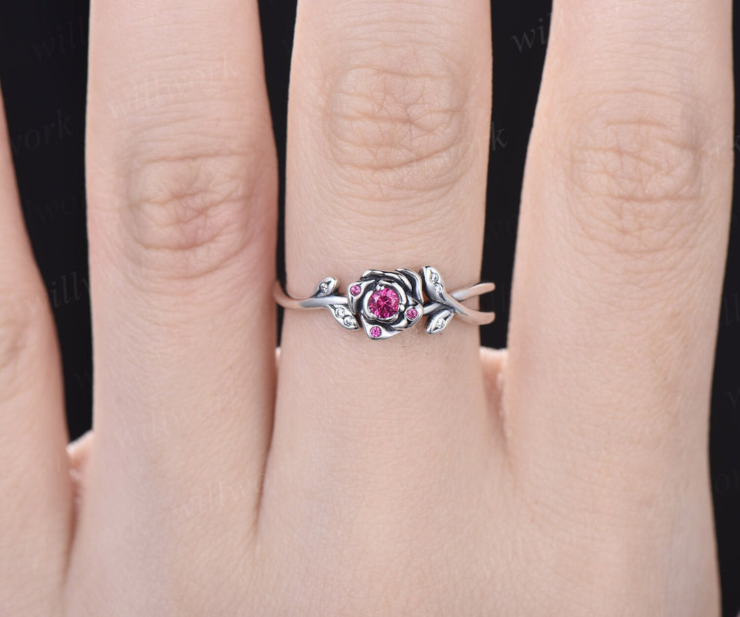 Round natural ruby ring vintage ruby engagement ring 14k white gold  leaf flower diamond ring cluster nature inspired anniversary ring women