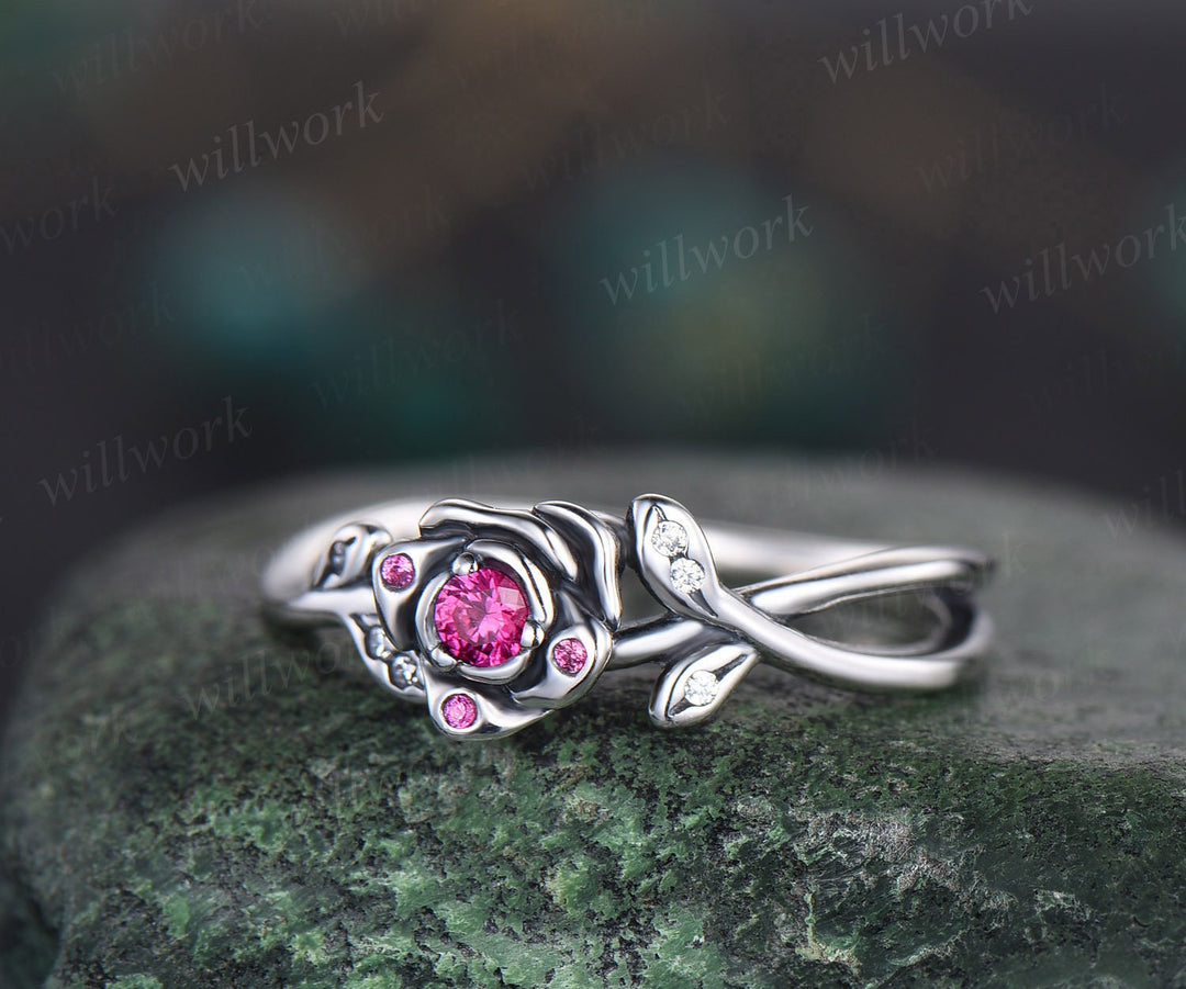 Round natural ruby ring vintage ruby engagement ring 14k white gold  leaf flower diamond ring cluster nature inspired anniversary ring women