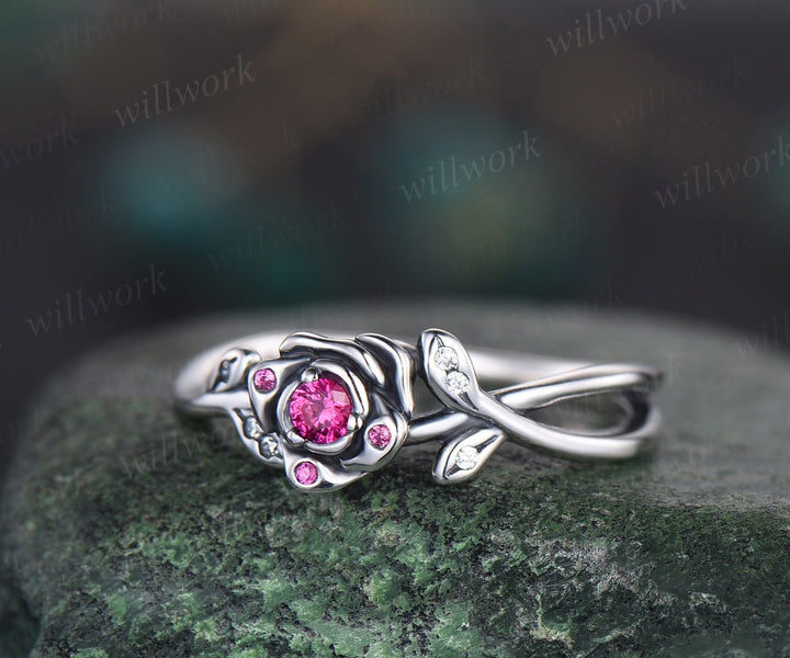 Round natural ruby ring vintage ruby engagement ring 14k white gold  leaf flower diamond ring cluster nature inspired anniversary ring women