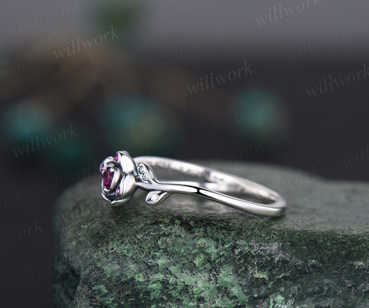 Round natural ruby ring vintage ruby engagement ring 14k white gold  leaf flower diamond ring cluster nature inspired anniversary ring women