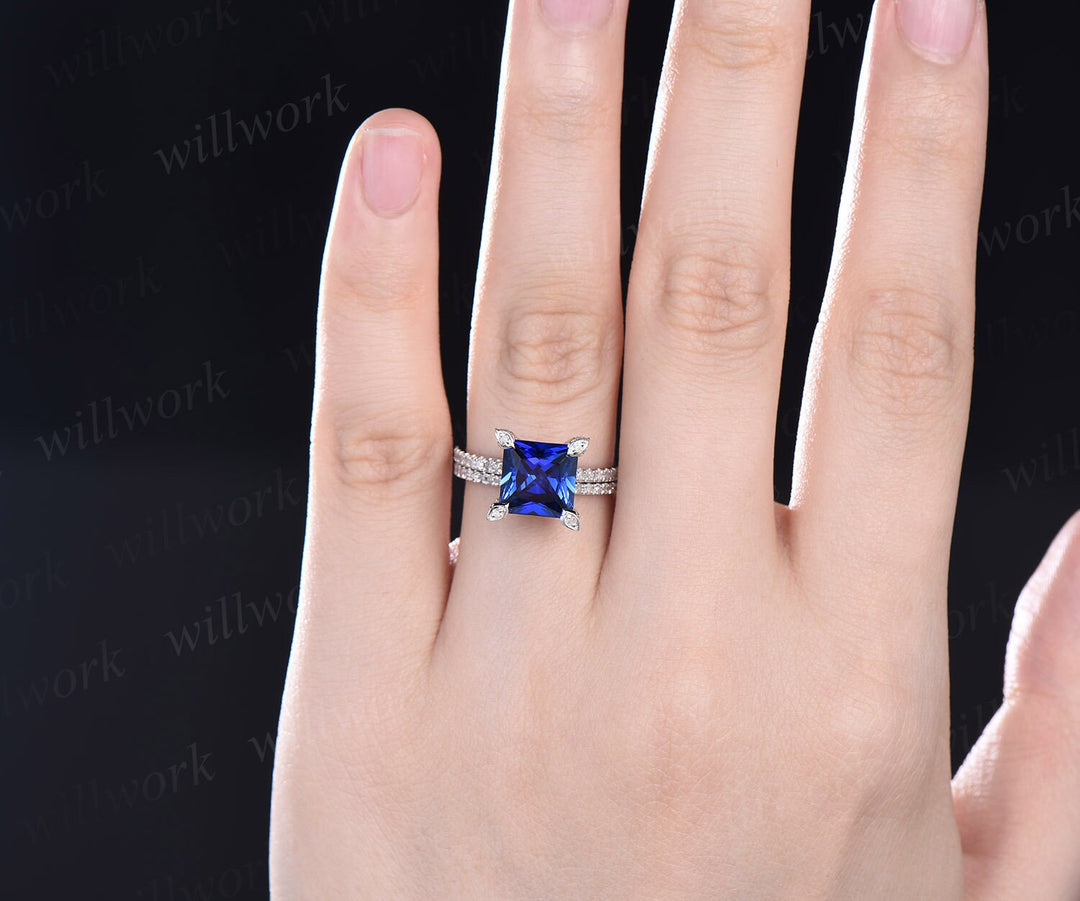 Princess cut sapphire ring vintage sapphire engagement ring set white gold art deco halo pyramid diamond ring unique bridal ring set women