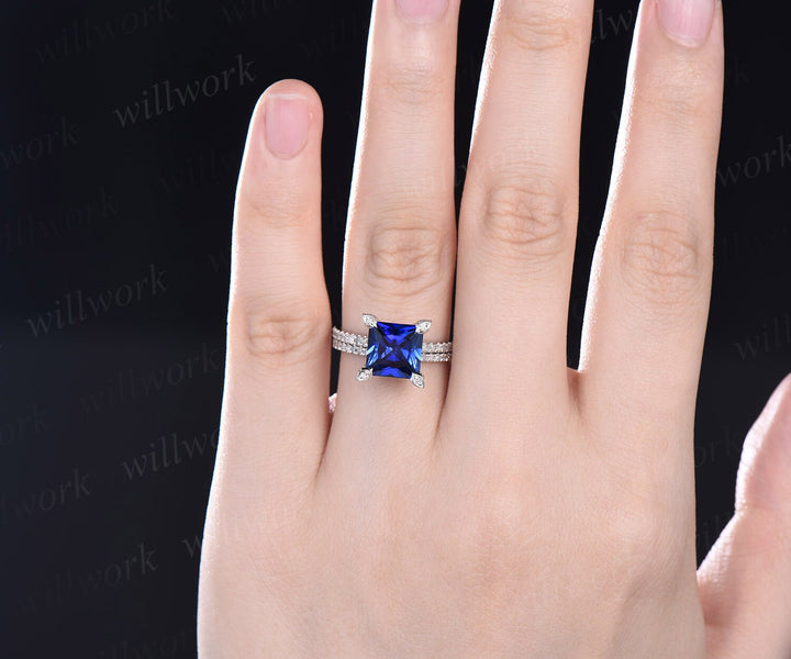 Princess cut sapphire ring vintage sapphire engagement ring set white gold art deco halo pyramid diamond ring unique bridal ring set women