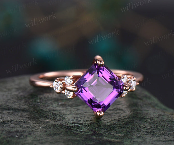Asscher cut amethyst ring gold vintage purple amethyst engagement ring set 14k rose gold moissanite ring unique promise ring set women gift
