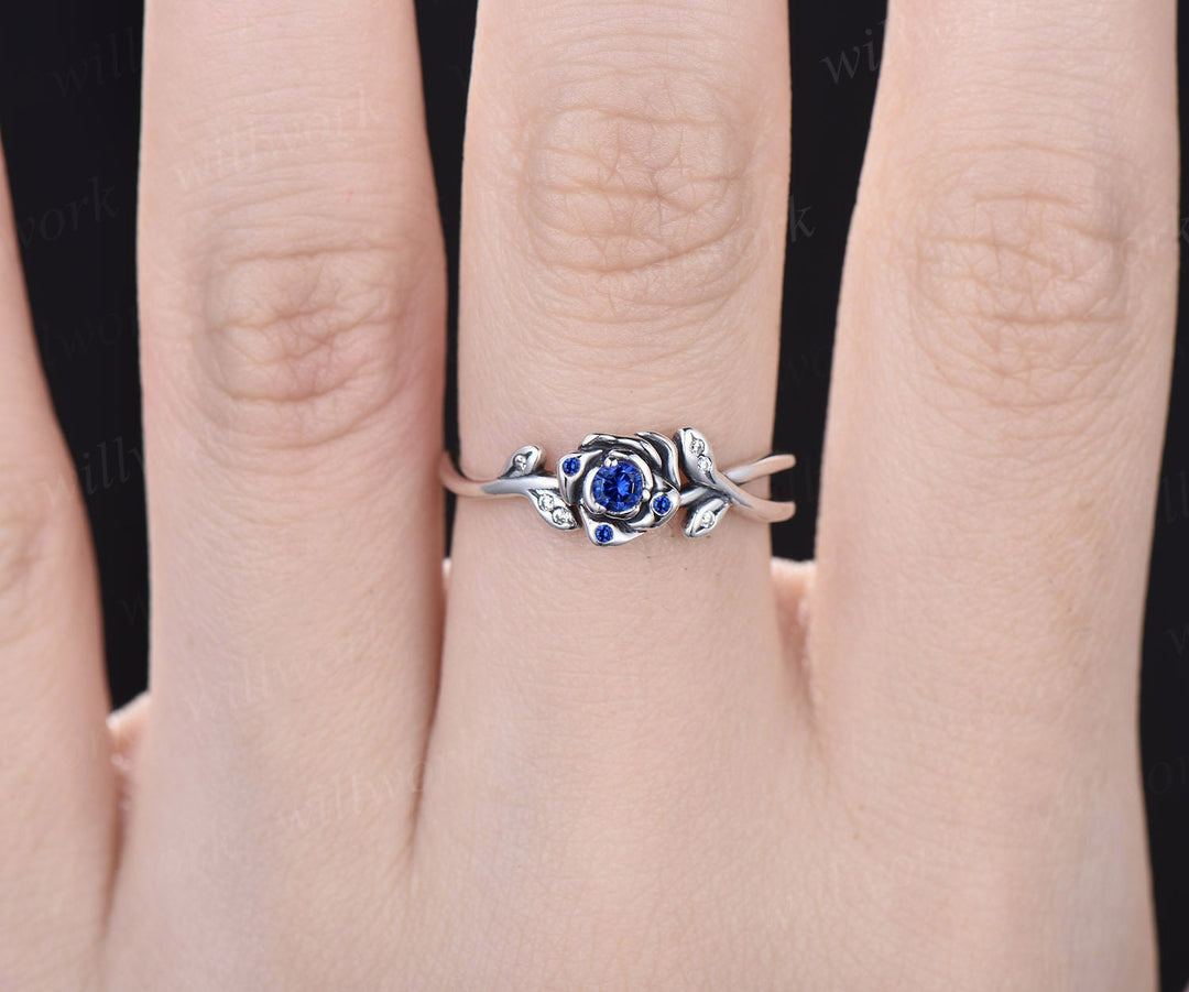 Round natural blue sapphire ring vintage sapphire engagement ring 14k white gold leaf flower diamond ring cluster anniversary ring women