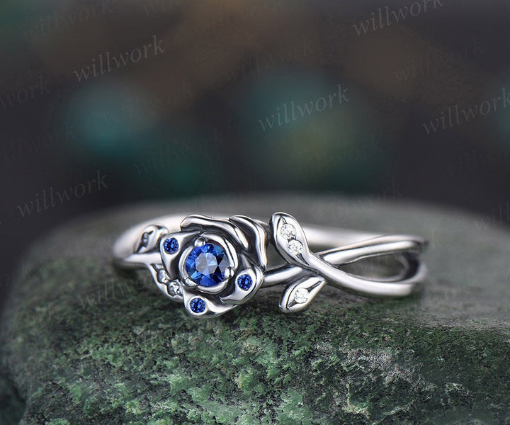 Round natural blue sapphire ring vintage sapphire engagement ring 14k white gold leaf flower diamond ring cluster anniversary ring women
