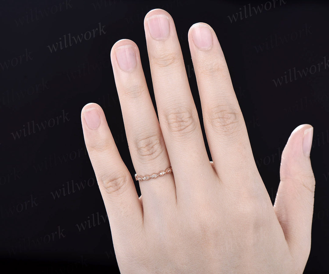 Milgrain diamond wedding band vintage art deco 14k rose gold marquise ring full eternity matching stacking anniversary ring band women gift