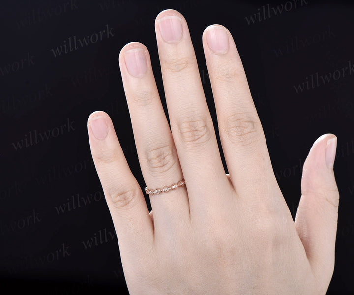 Milgrain diamond wedding band vintage art deco 14k rose gold marquise ring full eternity matching stacking anniversary ring band women gift