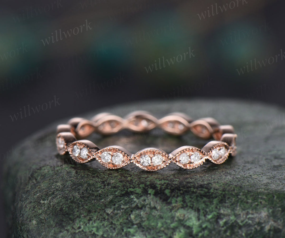 Milgrain diamond wedding band vintage art deco 14k rose gold marquise ring full eternity matching stacking anniversary ring band women gift