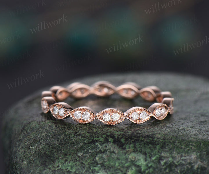 Milgrain diamond wedding band vintage art deco 14k rose gold marquise ring full eternity matching stacking anniversary ring band women gift