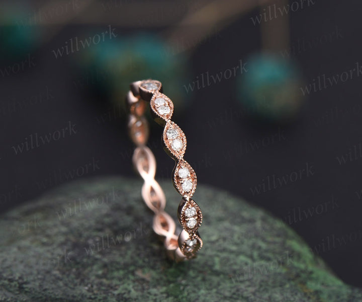 Milgrain diamond wedding band vintage art deco 14k rose gold marquise ring full eternity matching stacking anniversary ring band women gift