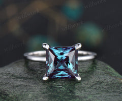 3ct Princess cut Alexandrite ring vintage Solitaire engagement ring women solid 14k white gold square cut ring unique promise ring jewelry