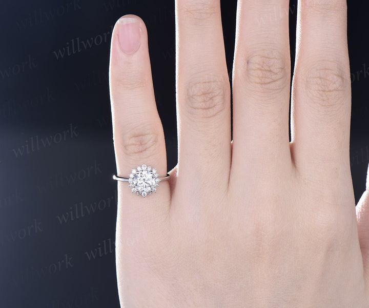 1ct moissanite ring vintage round moissanite engagement ring halo 14k white gold sunflower snowdrift diamond ring women unique promise ring