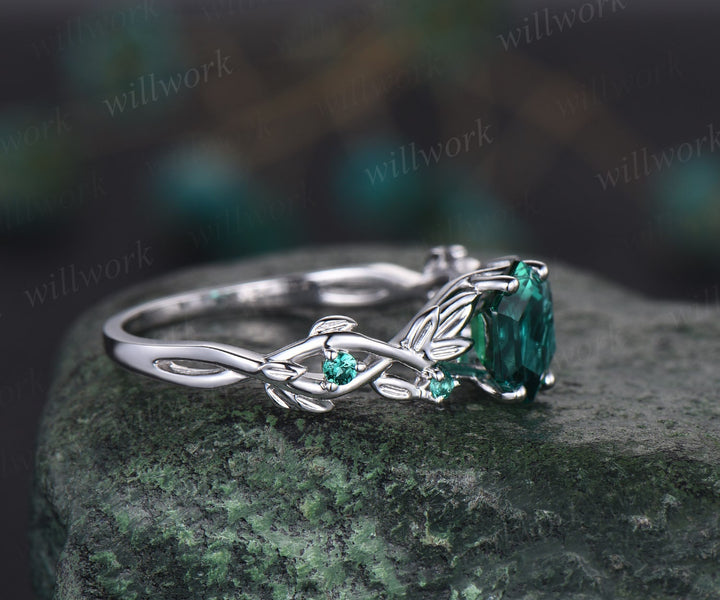 7mm emerald ring vintage hexagon cut emerald engagement ring women solid 14k white gold leaf ring May birthstone ring promise ring for her