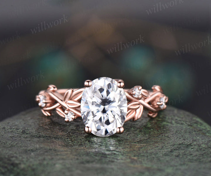 Leaf moissanite ring vintage oval moissanite engagement ring women twig Nature inspired rose gold ring branch diamond bridal ring set gift