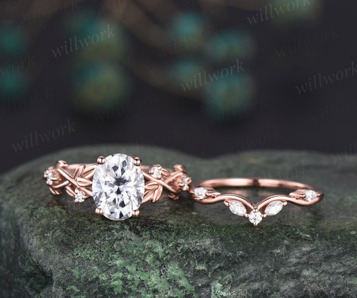 Leaf moissanite ring vintage oval moissanite engagement ring women twig Nature inspired rose gold ring branch diamond bridal ring set gift