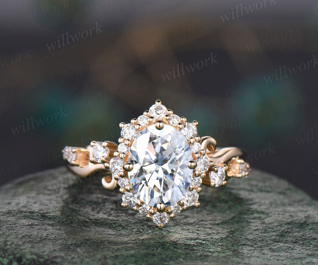 Vintage oval cut moissanite engagement ring women 14k yellow gold snowdrift halo diamond ring art deco cluster antique promise ring her gift