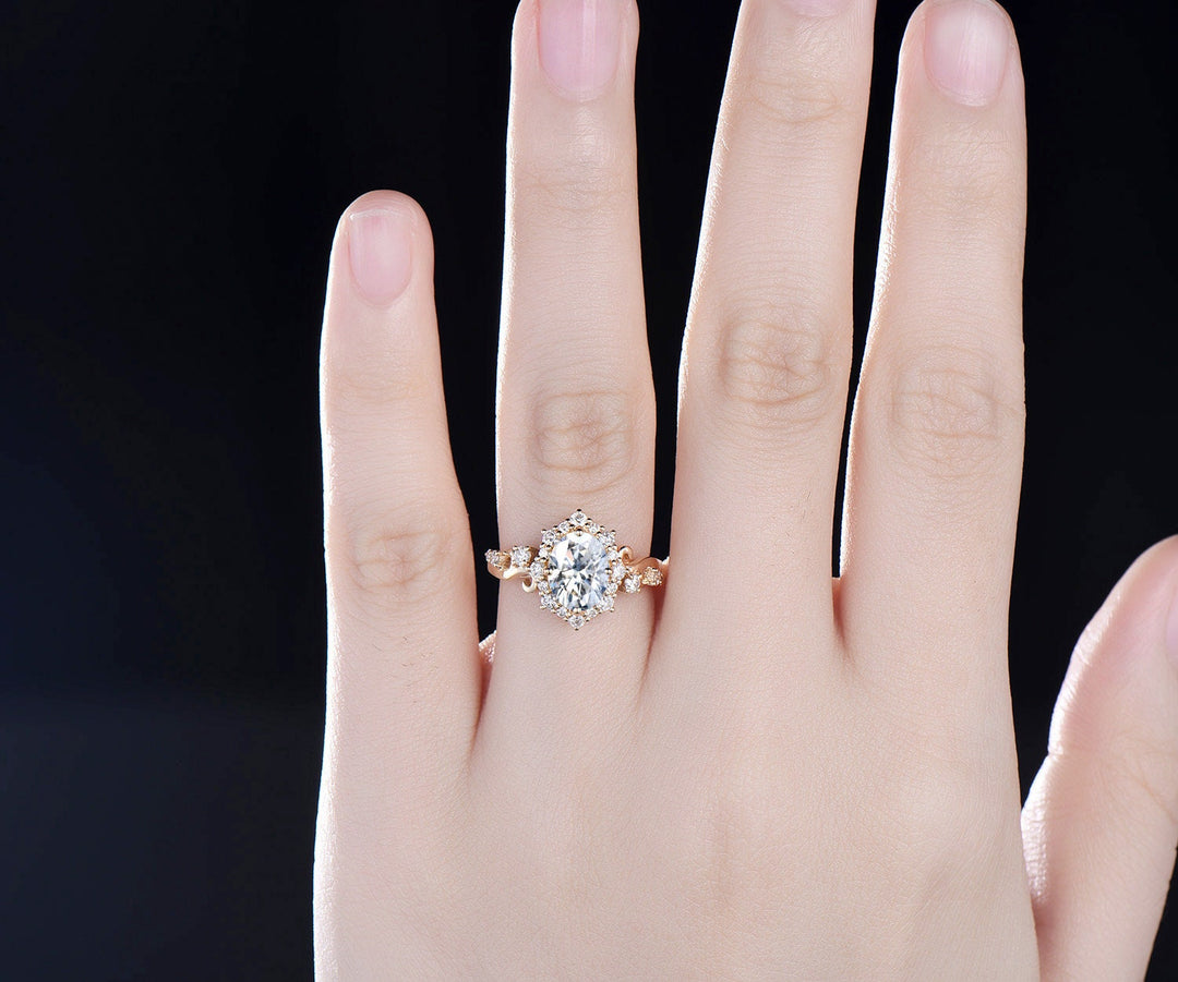 Vintage oval cut moissanite engagement ring women 14k yellow gold snowdrift halo diamond ring art deco cluster antique promise ring her gift