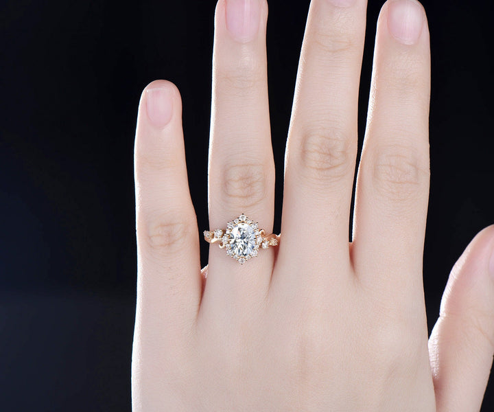 Vintage oval cut moissanite engagement ring women 14k yellow gold snowdrift halo diamond ring art deco cluster antique promise ring her gift