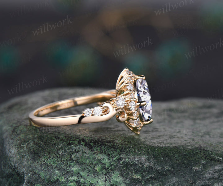 Vintage oval cut moissanite engagement ring women 14k yellow gold snowdrift halo diamond ring art deco cluster antique promise ring her gift