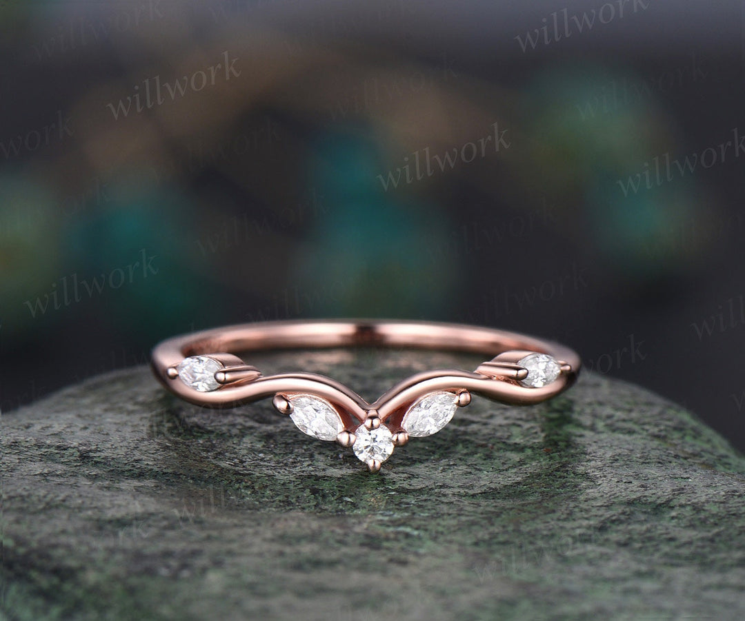 Vintage Curved moonstone opal wedding band 14k rose gold art deco stacking wedding ring band women birthstone anniversary ring gift