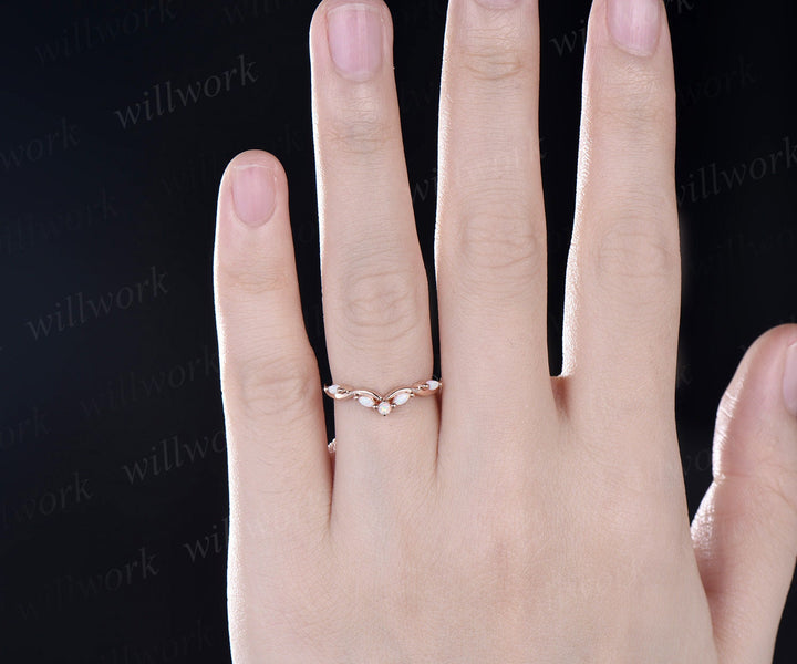 Vintage Curved moonstone opal wedding band 14k rose gold art deco stacking wedding ring band women birthstone anniversary ring gift