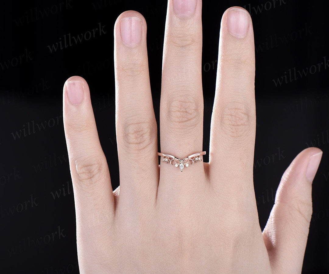 Unique diamond wedding band solid 14k yellow gold five stone ring leaf flower moon moissanite wedding ring band women Personalized ring gift