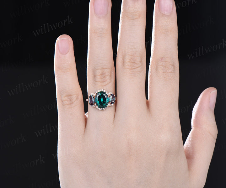 3ct oval cut emerald ring vintage emerald engagement ring solid 14k rose gold alexandrite ring halo diamond ring women unique promise ring