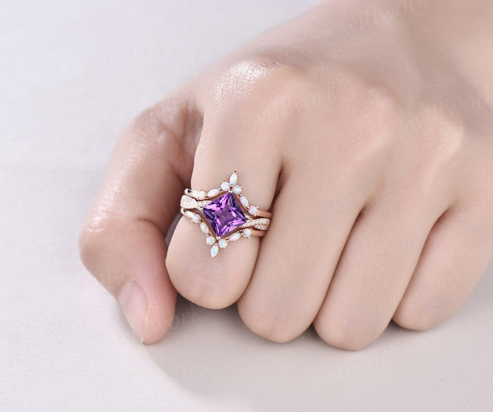 Princess cut purple amethyst ring vintage amethyst  engagement ring set solid 14k rose gold opal twisted moissanite wedding ring set women