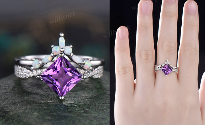 Princess cut purple amethyst ring vintage amethyst  engagement ring set solid 14k rose gold opal twisted moissanite wedding ring set women
