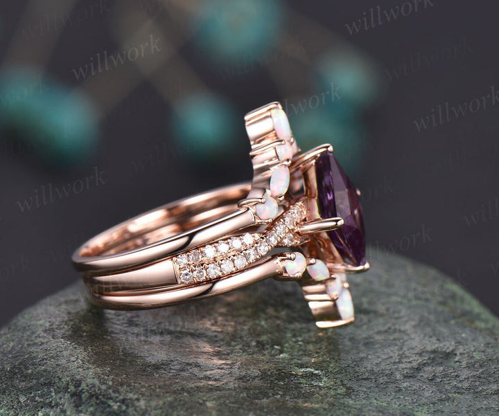 Princess cut purple amethyst ring vintage amethyst  engagement ring set solid 14k rose gold opal twisted moissanite wedding ring set women