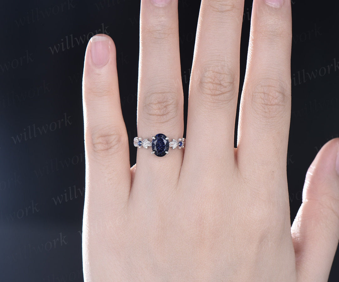 Oval cut blue goldstone ring vintage blue sandstone engagement ring white gold three stone Nature inspired leaf natural sapphire ring women
