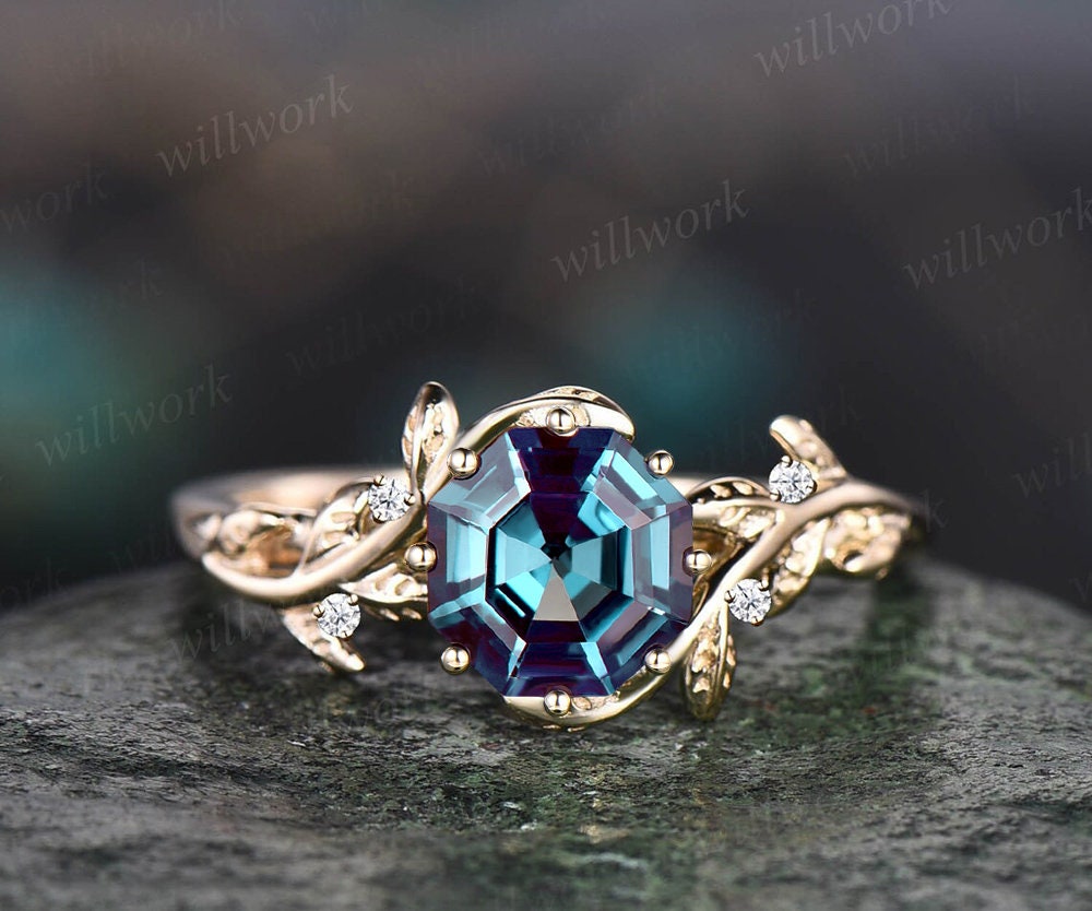 Vintage octagon cut Alexandrite engagement ring 14k rose gold nature inspired ring five stone leaf diamond ring women anniversary ring gift