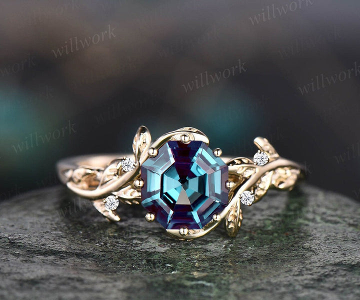 Vintage octagon cut Alexandrite engagement ring 14k rose gold nature inspired ring five stone leaf diamond ring women anniversary ring gift
