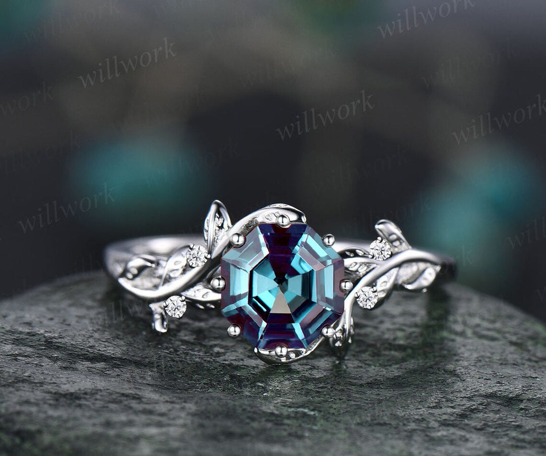 Vintage octagon cut Alexandrite engagement ring 14k rose gold nature inspired ring five stone leaf diamond ring women anniversary ring gift