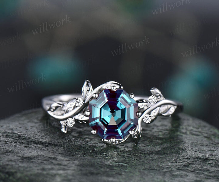 Vintage octagon cut Alexandrite engagement ring 14k rose gold nature inspired ring five stone leaf diamond ring women anniversary ring gift