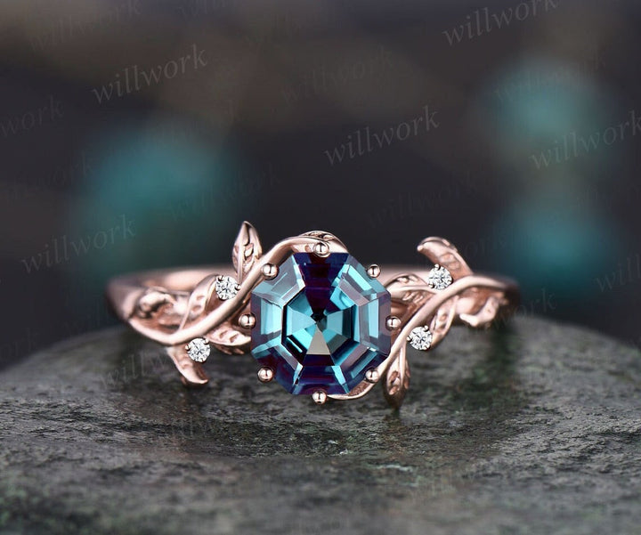 Vintage octagon cut Alexandrite engagement ring 14k rose gold nature inspired ring five stone leaf diamond ring women anniversary ring gift
