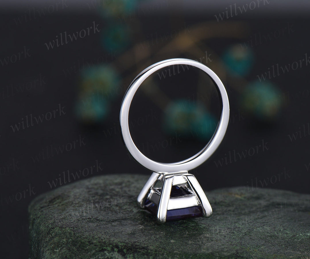3ct Princess cut Alexandrite ring vintage Solitaire engagement ring women solid 14k white gold square cut ring unique promise ring jewelry