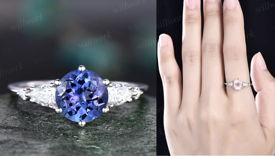 Round natural Tanzanite engagement ring set solid 14k rose gold five stone pear diamond ring unique wedding bridal ring set women jewelry