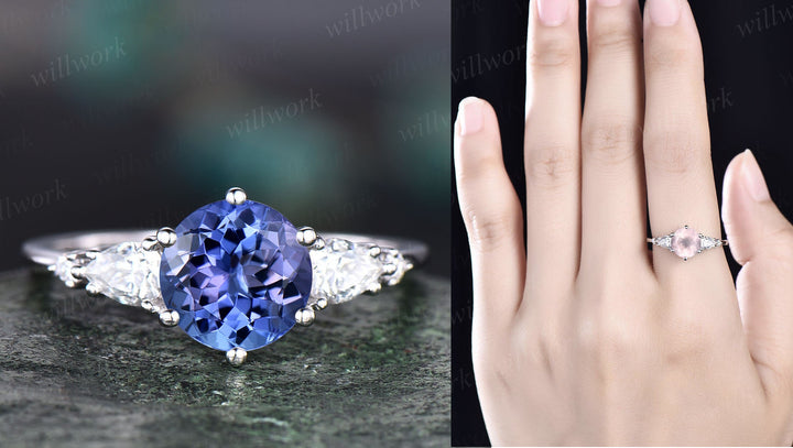 Round natural Tanzanite engagement ring set solid 14k rose gold five stone pear diamond ring unique wedding bridal ring set women jewelry