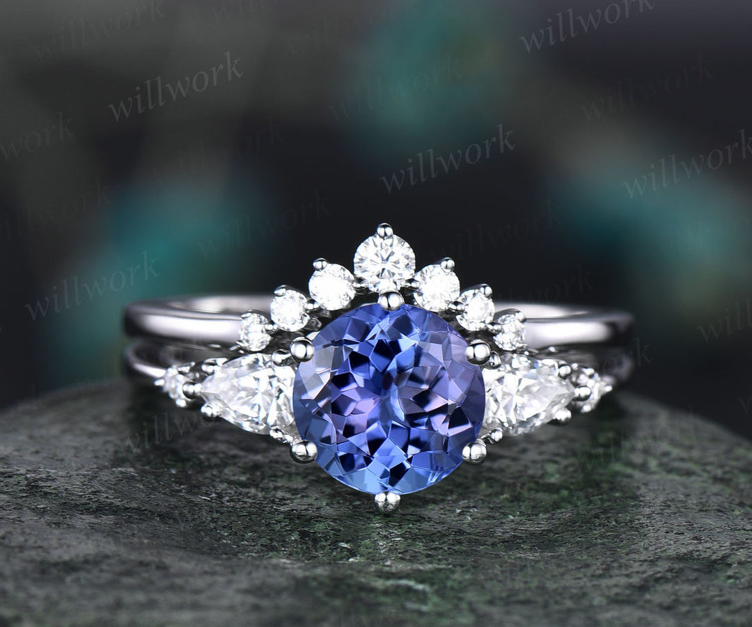 Round natural Tanzanite engagement ring set solid 14k rose gold five stone pear diamond ring unique wedding bridal ring set women jewelry