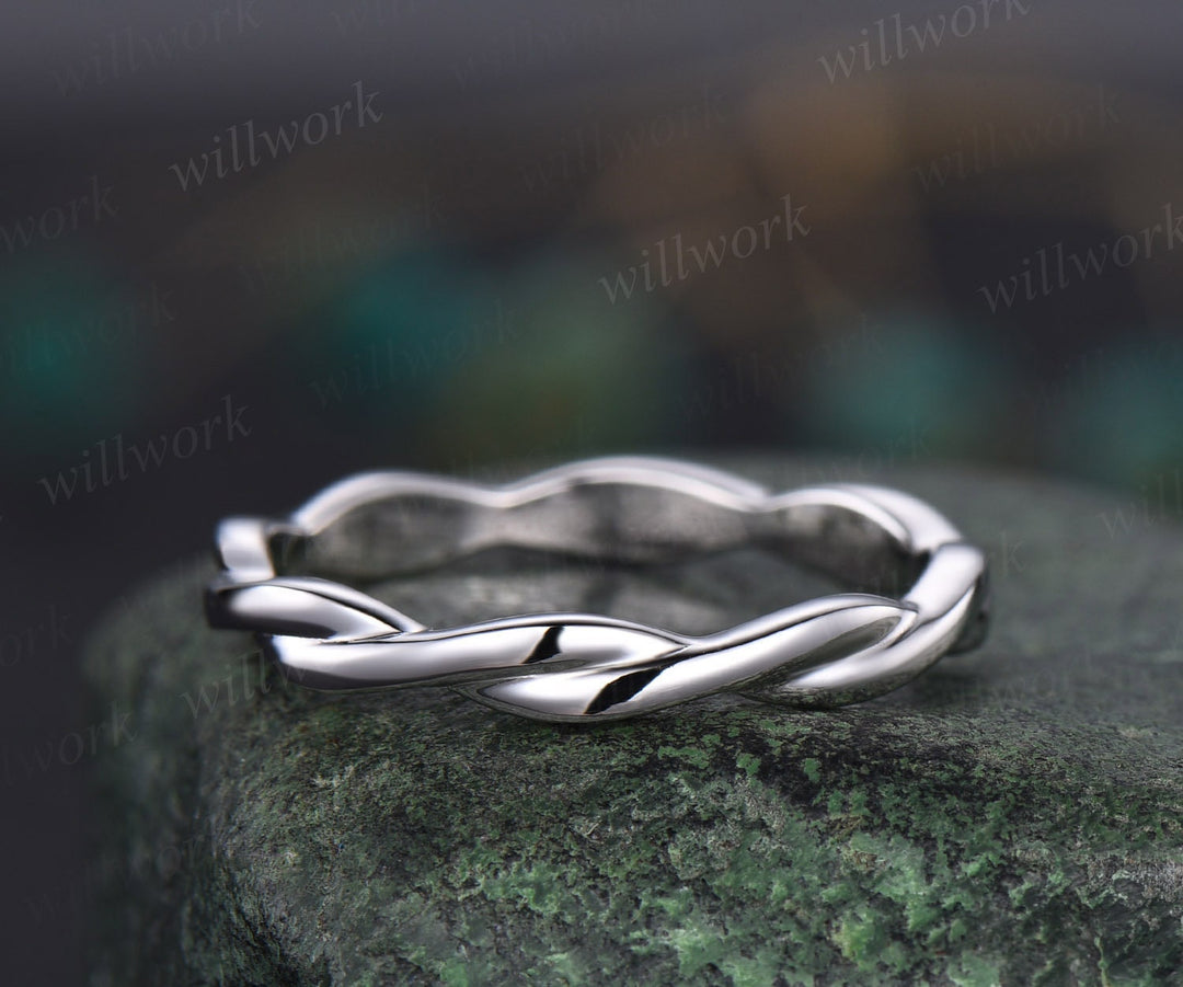 Full eternity solitaire wedding band 14k white gold twisted vintage wedding ring anniversary ring stacking band women gift