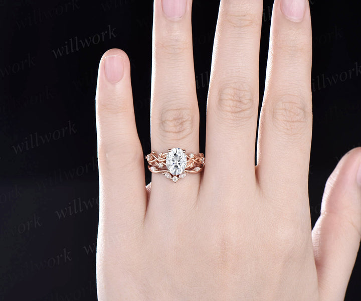 Leaf moissanite ring vintage oval moissanite engagement ring women twig Nature inspired rose gold ring branch diamond bridal ring set gift