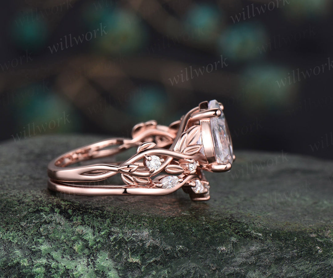 Leaf moissanite ring vintage oval moissanite engagement ring women twig Nature inspired rose gold ring branch diamond bridal ring set gift