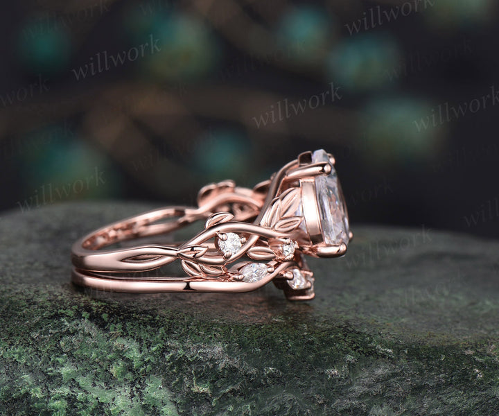 Leaf moissanite ring vintage oval moissanite engagement ring women twig Nature inspired rose gold ring branch diamond bridal ring set gift