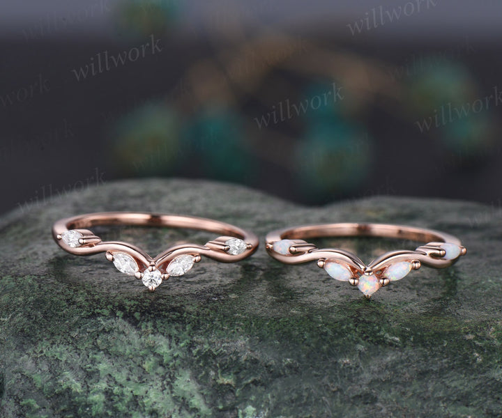 Vintage Curved moonstone opal wedding band 14k rose gold art deco stacking wedding ring band women birthstone anniversary ring gift