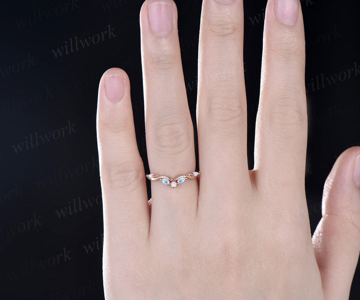 Vintage Curved moonstone opal wedding band 14k rose gold art deco stacking wedding ring band women birthstone anniversary ring gift