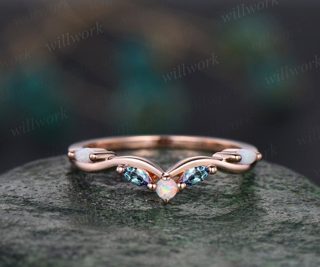 Vintage Curved moonstone opal wedding band 14k rose gold art deco stacking wedding ring band women birthstone anniversary ring gift