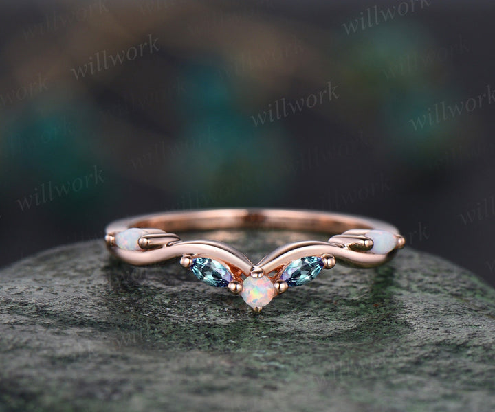 Vintage Curved moonstone opal wedding band 14k rose gold art deco stacking wedding ring band women birthstone anniversary ring gift