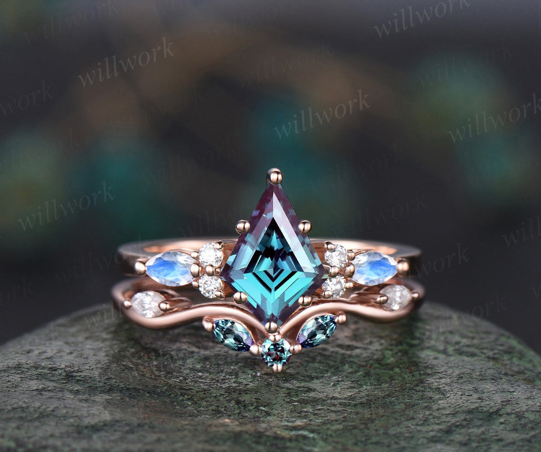 Kite cut Alexandrite engagement ring marquise cut amethyst ring 14k rose gold diamond opal ring women unique wedding ring set jewelry gift